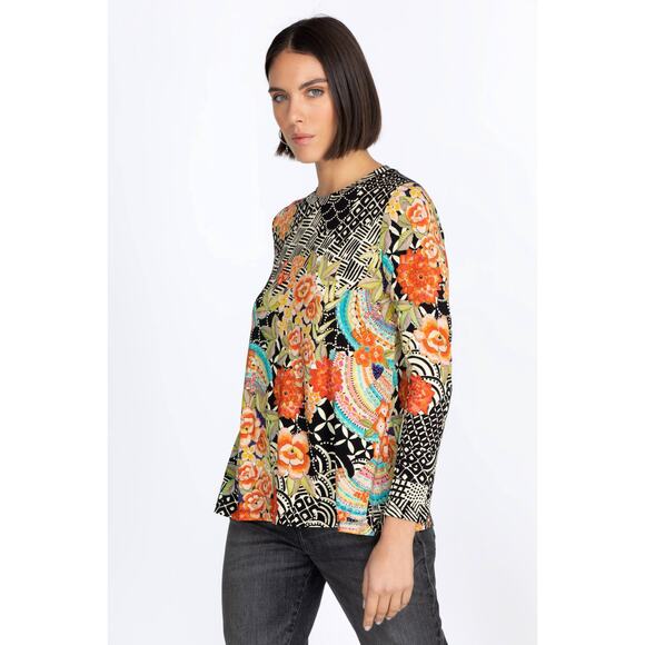 Johnny Was Janie Top Size S Black FLoral Favorite Long Sleeve Crew Swing Tee - Picture 4 of 13